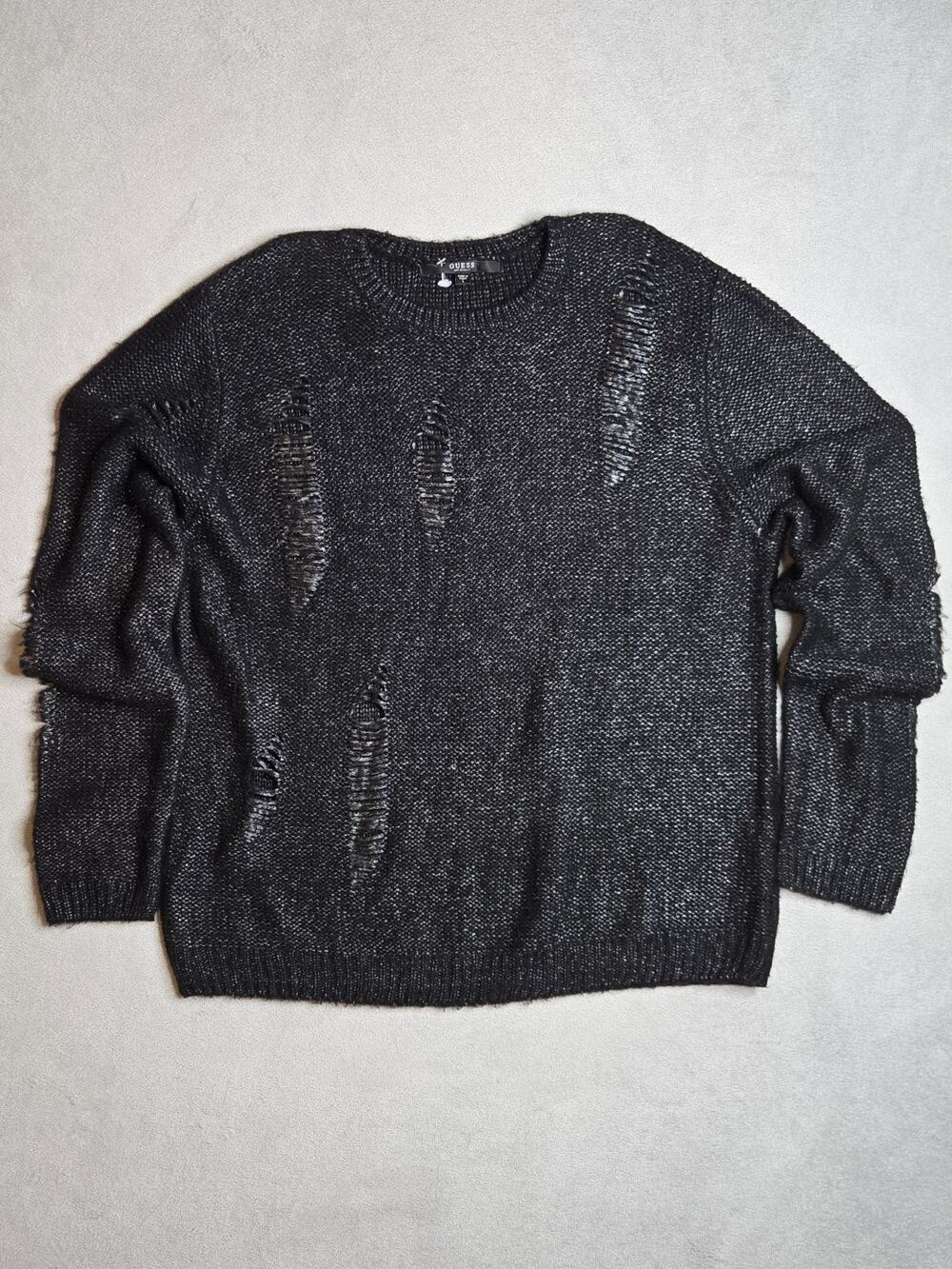 GUESS Los Angeles Men's Distressed Knit Sweater Black Silver Metallic Size L